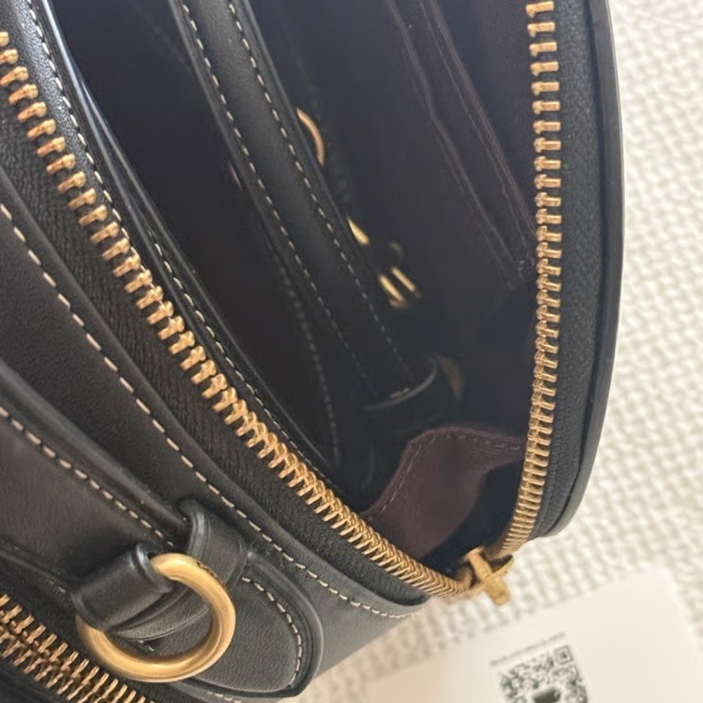Coach Black Leather Round Crossbody with Gold Hardware and Contrast Stitching - Picture 3 of 5